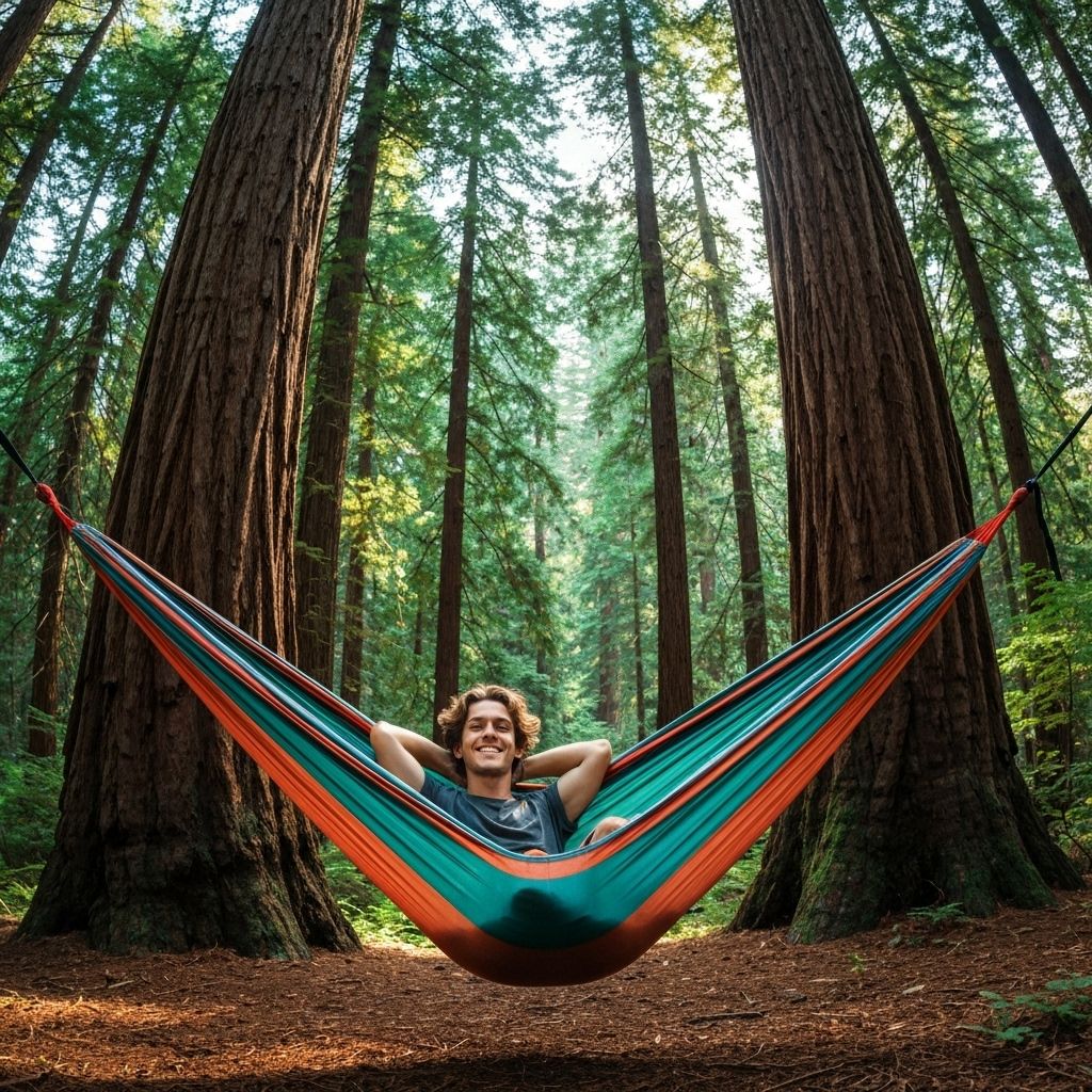 Person avkopplande i hängmatta i naturen